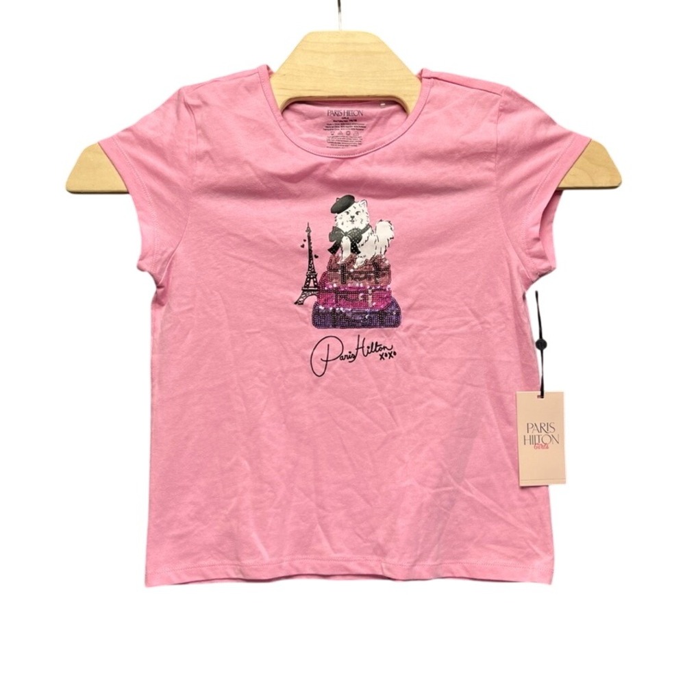 NWT Paris Hilton Girls Pink Graphic Tee Eiffel Tower Dog XOXO Shirt GX58011-650